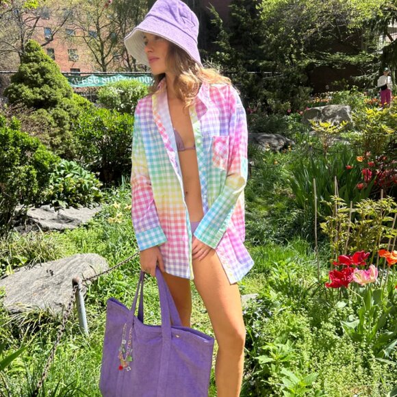 Jocelyn The‎ Shelter Island Oversized Gingham Multicolor Shirt Women's OS - Picture 1 of 6